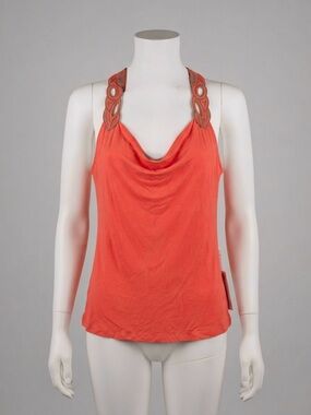Akiko Coral Orange Draped Cowl Neck Embroidered Halter Top - Size S